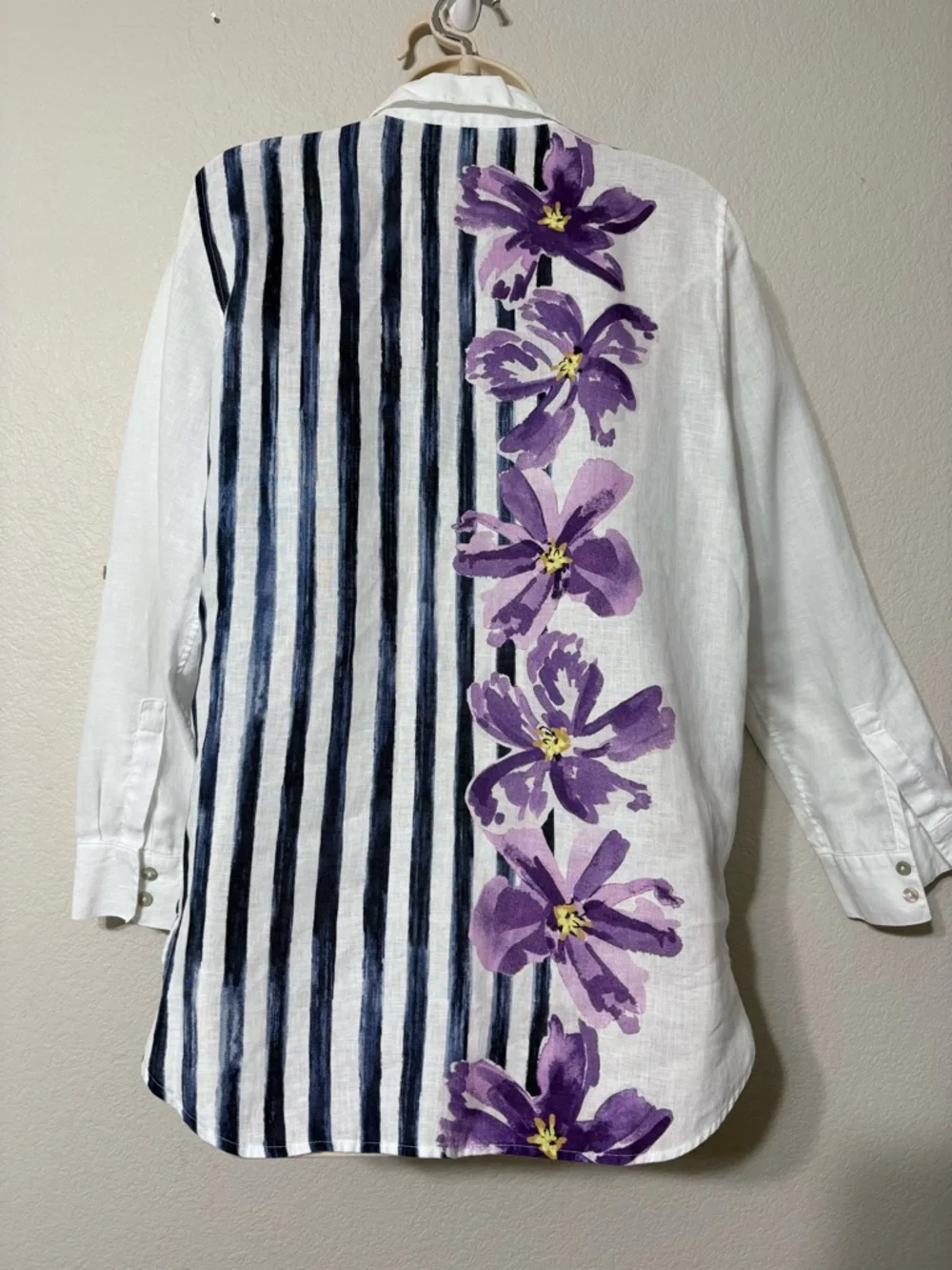 Chico’s Button-Down Linen Shirt with Purple Floral & Navy Stripe Roll Tab Sleeve - Picture 8 of 15